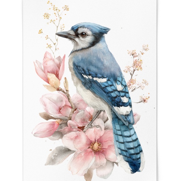 Watercolor Floral Blue Jay Art Print - Unframed Wall Decor - Picture 6 of 6